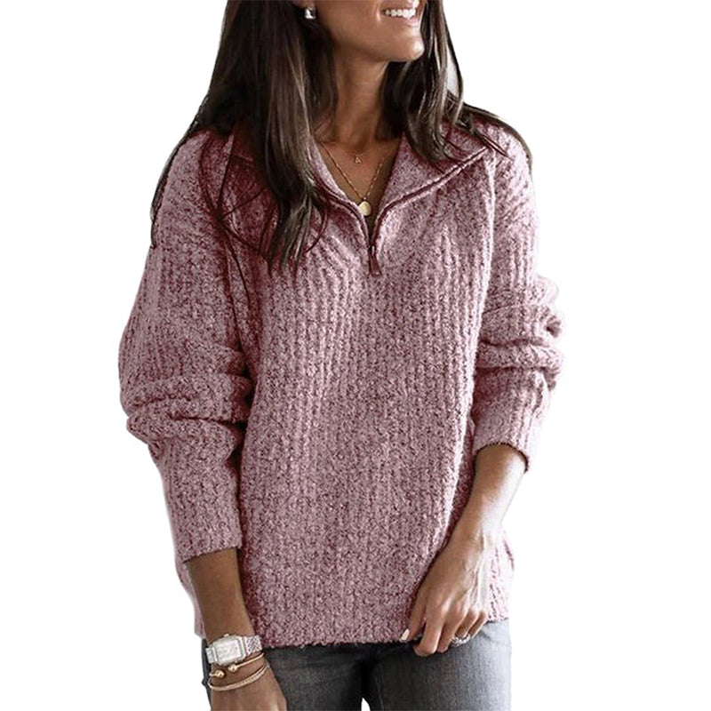 Women's Half-Zip Ribbed Casual Jumper in Dusty Rose