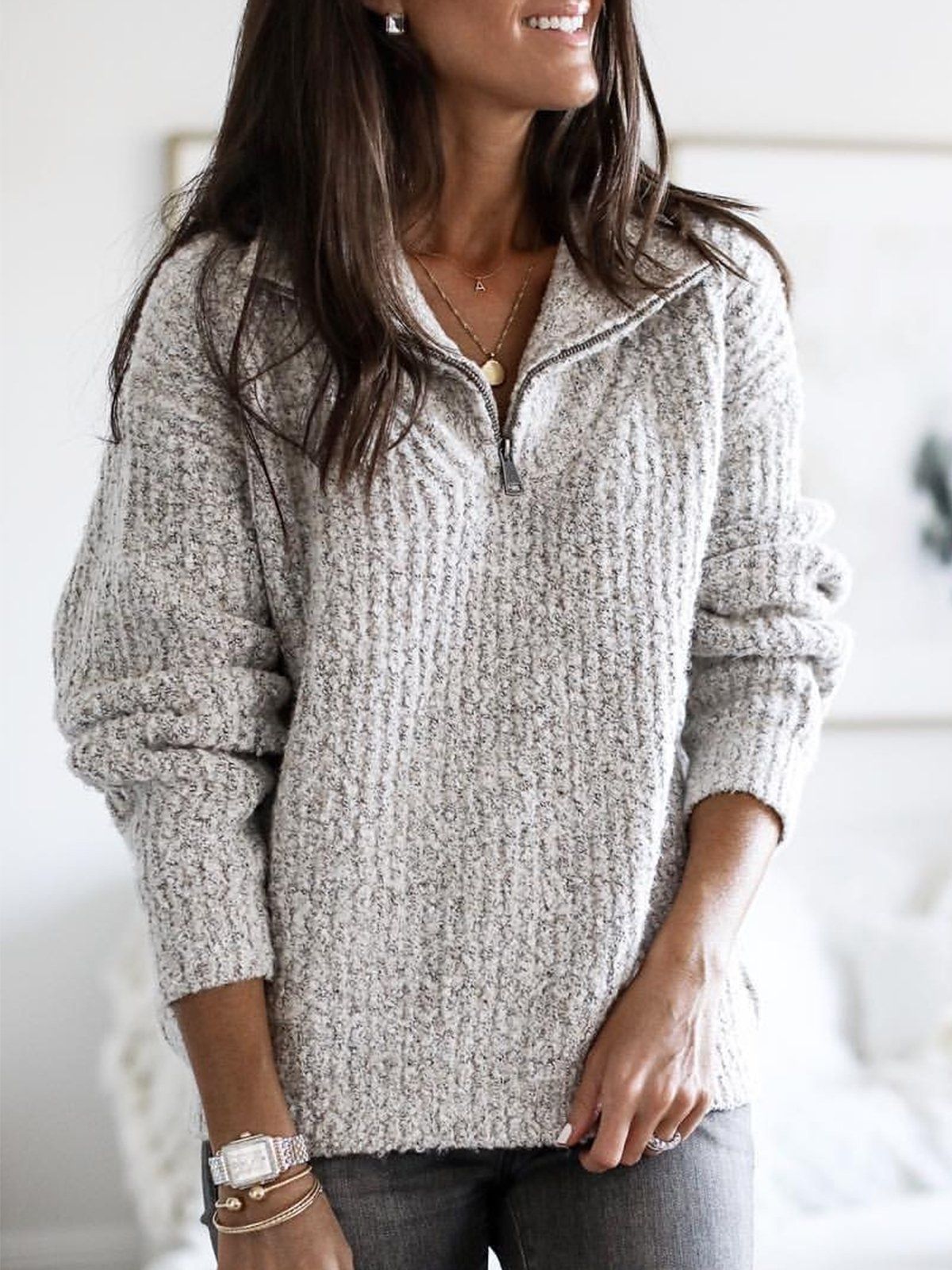 Women's Half-Zip Ribbed Casual Jumper in Light Grey