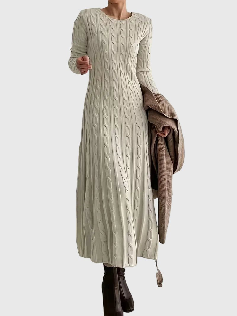 Cable-Knit Flared Casual Maxi Dress in Cream