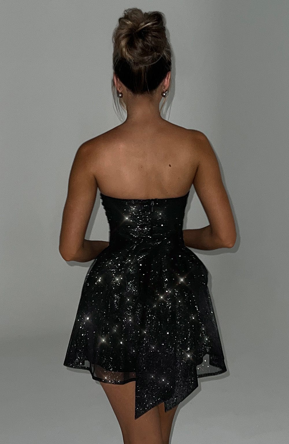 Strapless Ruched Bow-Back Party Mini Dress in Black