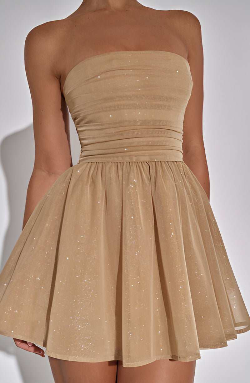 Strapless Ruched Bow-Back Party Mini Dress in Camel