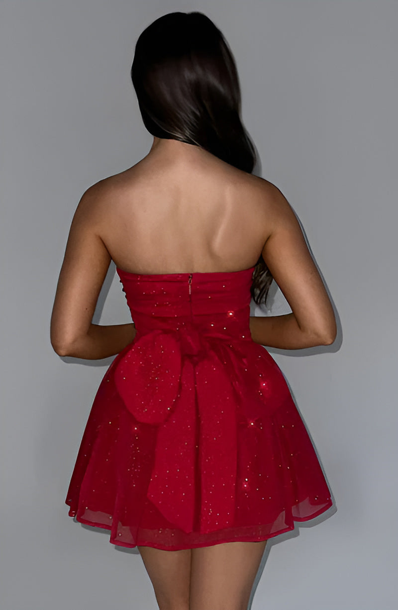Strapless Ruched Bow-Back Party Mini Dress in Red