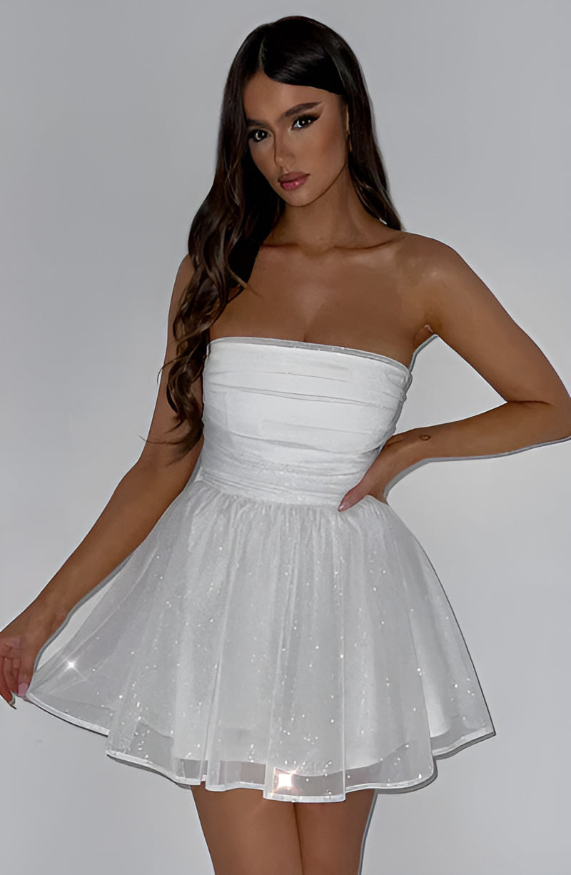 Strapless Ruched Bow-Back Party Mini Dress in White
