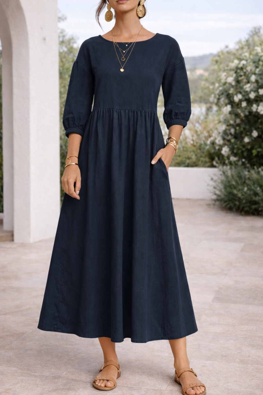 Balloon-Sleeve Holiday Midi Dress in Navy