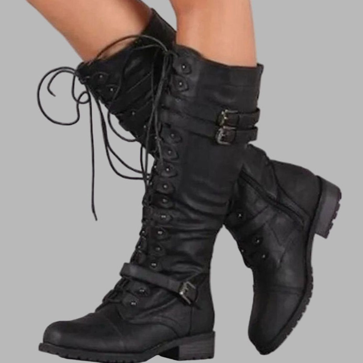 Women's Lace-Up Casual Knee High Boots in Black