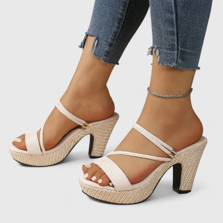 Crossover Strap Platform Party Heels in Beige
