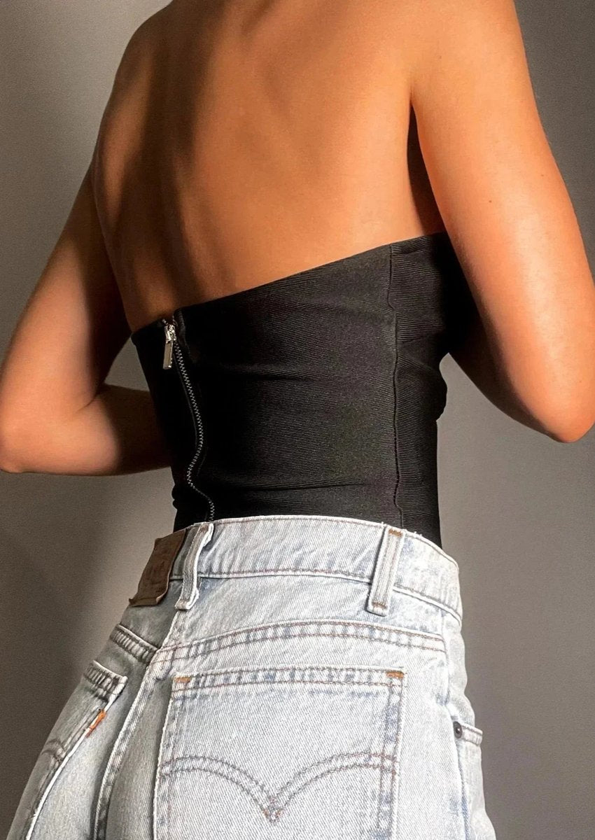 Strapless Wavy Cutout Evening Blouse in Black