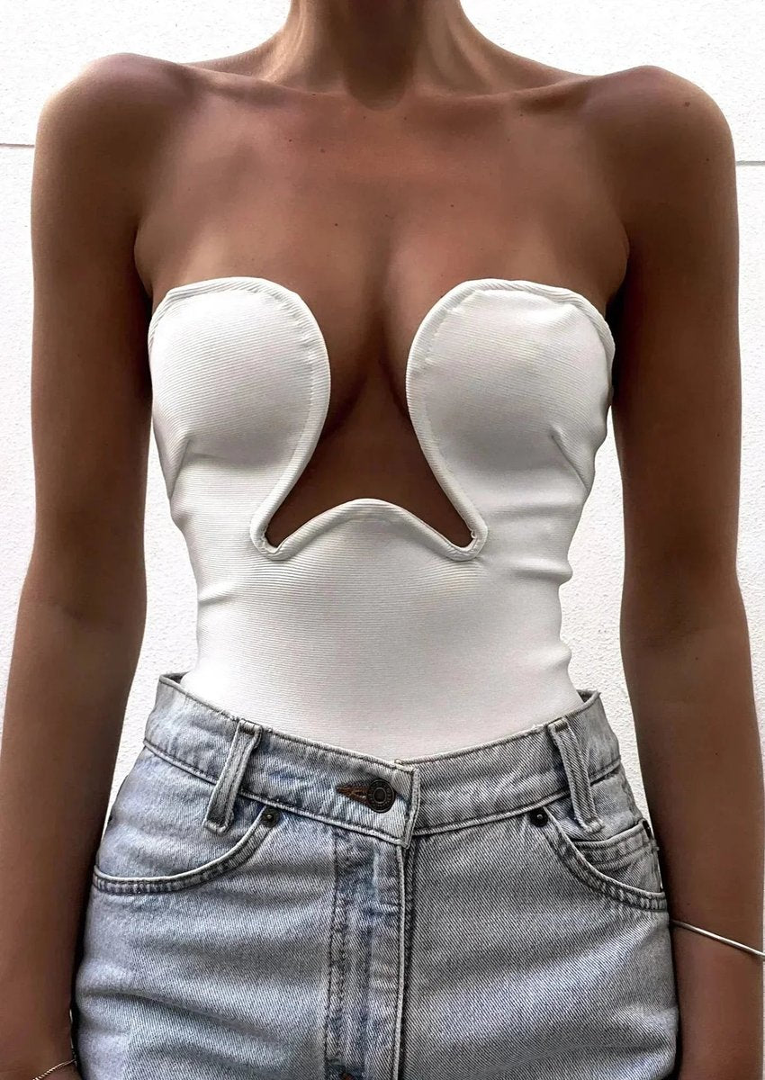Strapless Wavy Cutout Evening Blouse in White