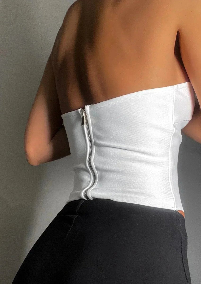 Strapless Wavy Cutout Evening Blouse in White