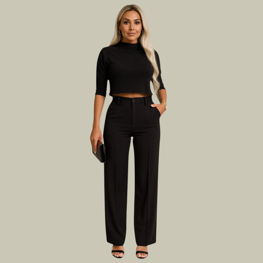 Cropped High-Waisted Wide-Leg Casual Co-ord in Black