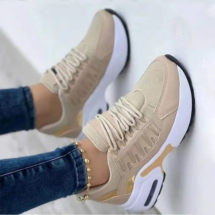 Women's Lace-Up Platform Casual Trainers in Beige