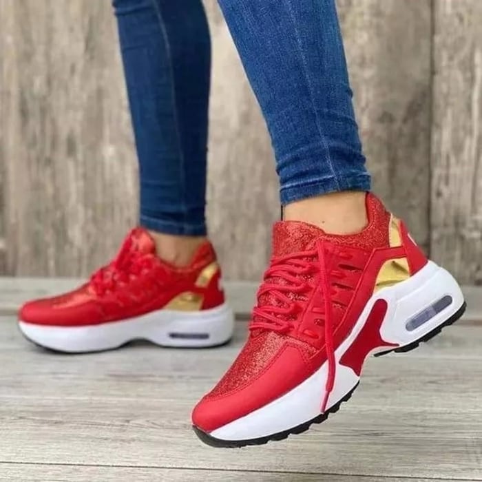 Women's Lace-Up Platform Casual Trainers in Red