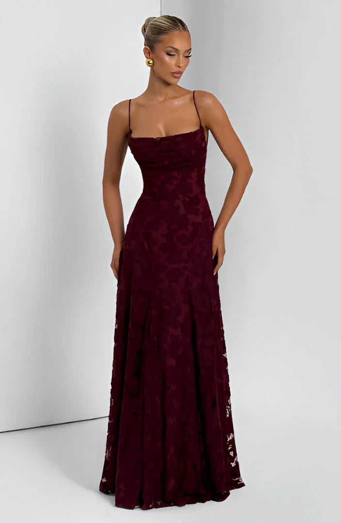 Lace-Up Back Evening Maxi Dress in Burgundy