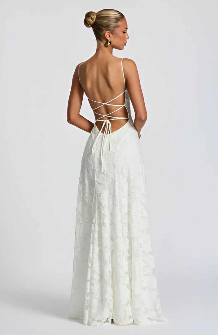 Lace-Up Back Evening Maxi Dress in White