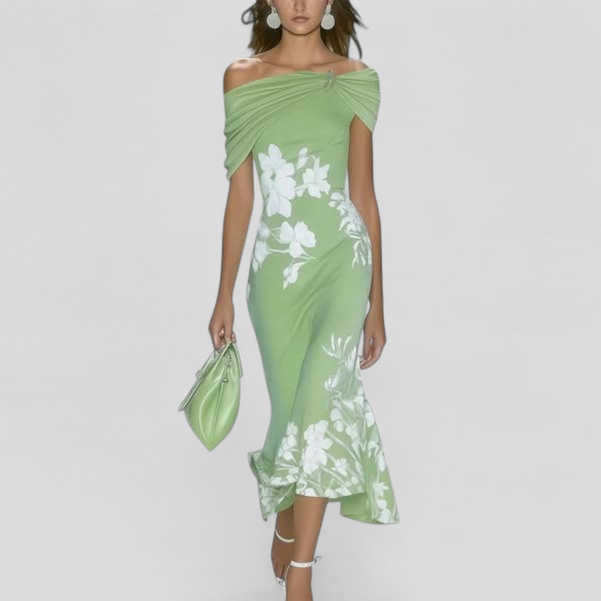 Off-Shoulder Wedding Guest Maxi Dress in Sage