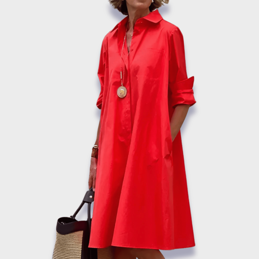 Shirt-Collar Casual Mini Dress in Red