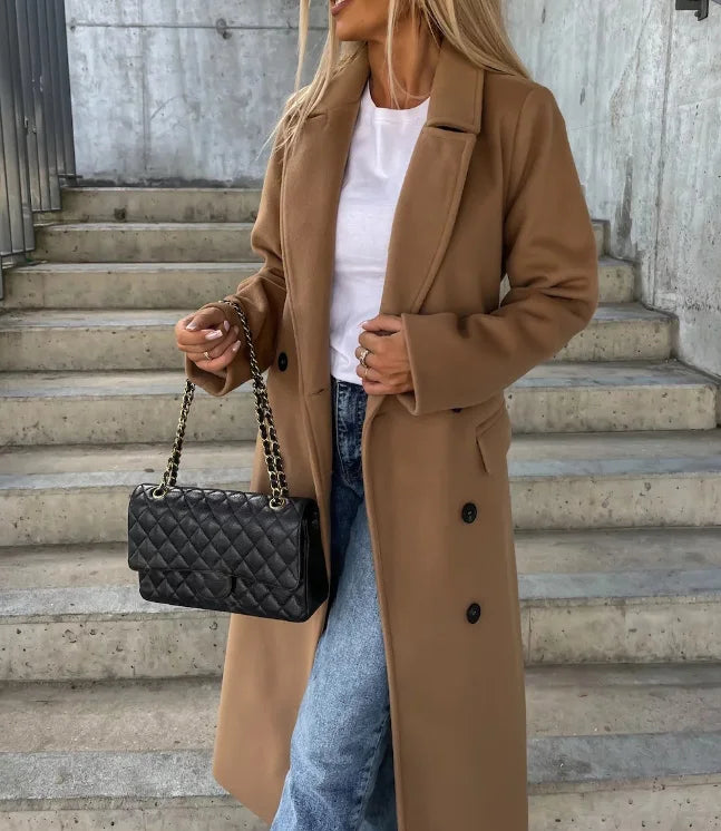 Women's Double-Breasted Belted Casual Coat in Camel