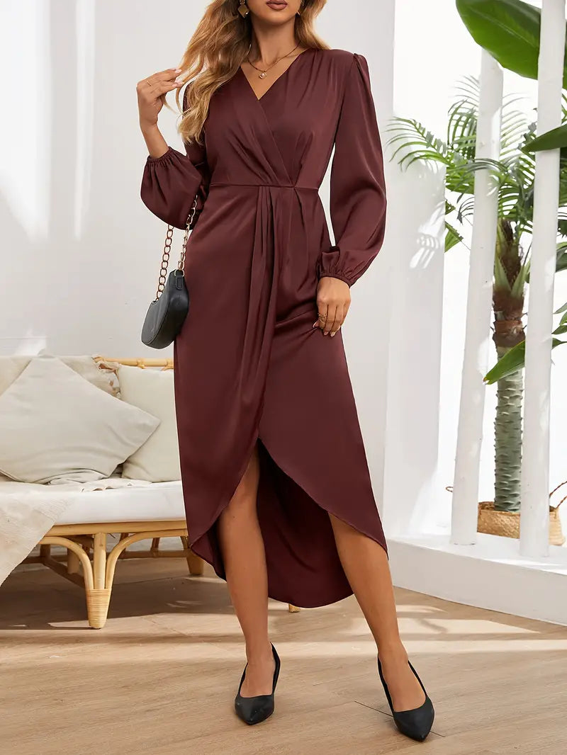 Twist-Front Wrap Cocktail Maxi Dress in Burgundy
