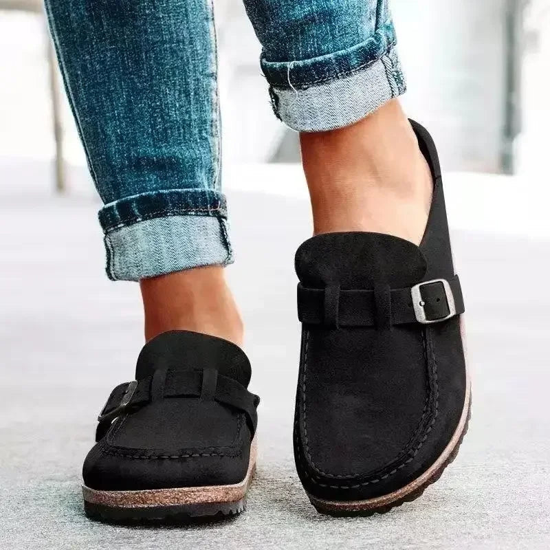 Buckle Strap Slip-On Casual Mules in Black