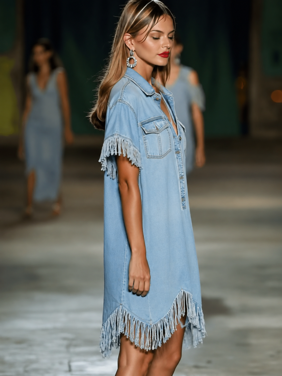 Fringed Button-Front Casual Mini Dress in Light Blue