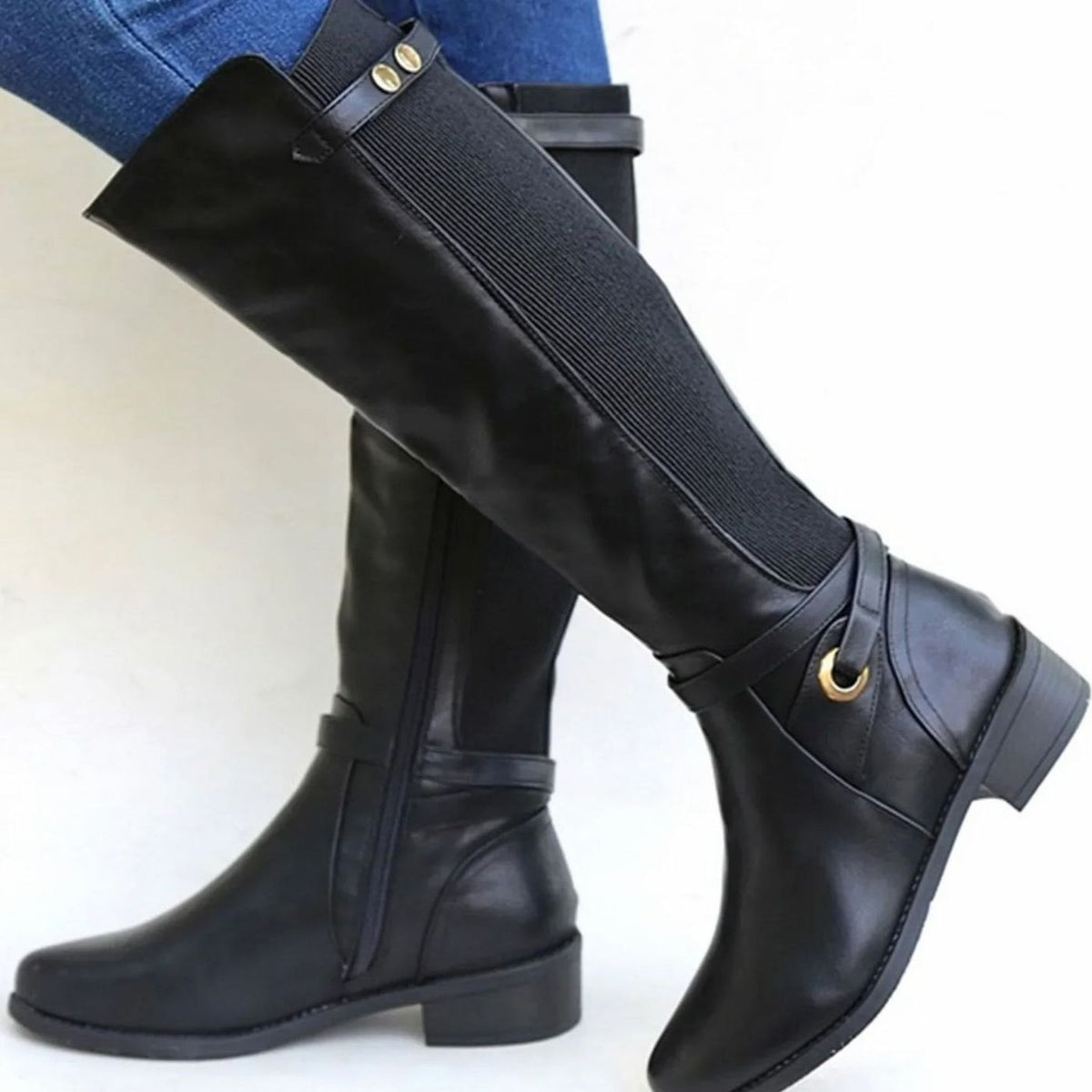 Women's Buckled Knee-High Boots in Black