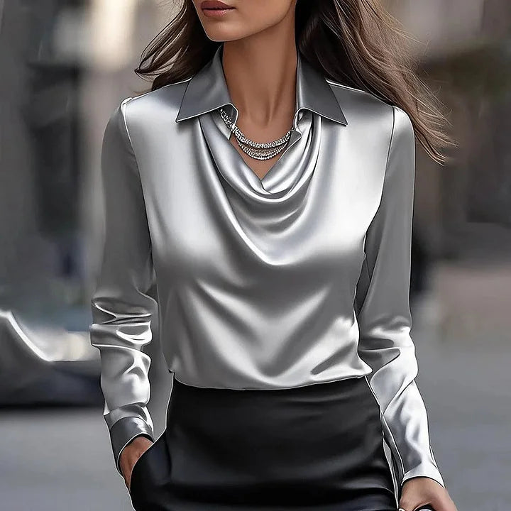Draped Cowl-Neck Workwear Blouse in Silver