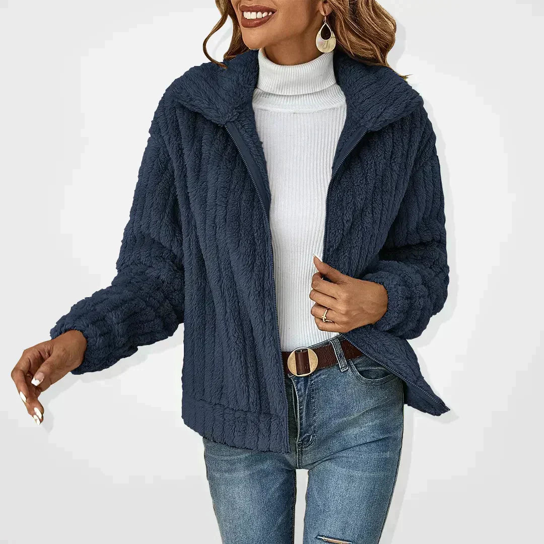 Women's Zip-Front Textured Casual Fleece in Navy