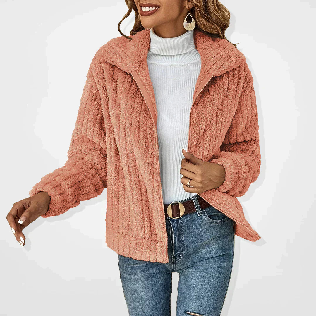 Women's Zip-Front Textured Casual Fleece in Peach