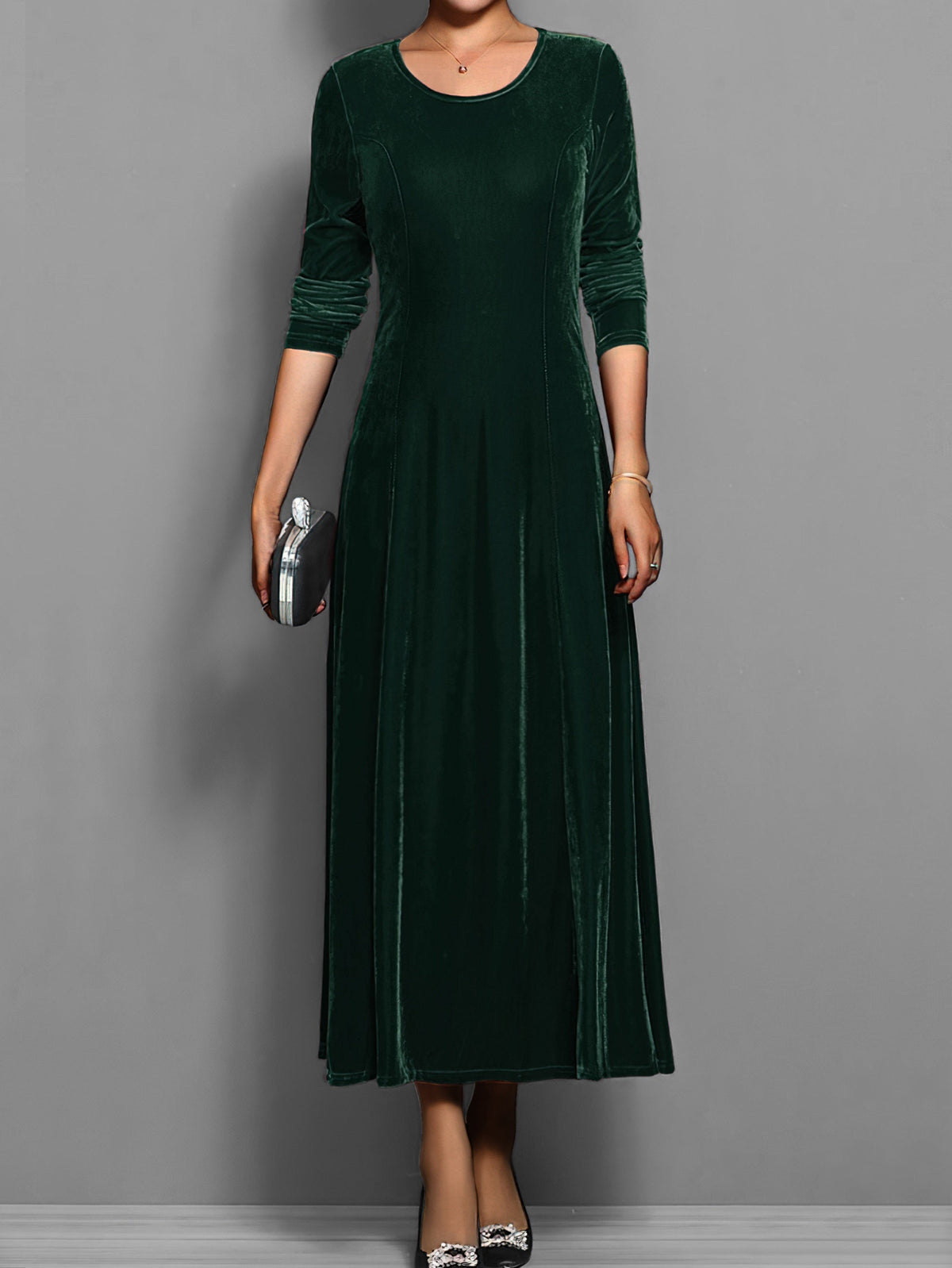 Long-Sleeve Scoop Neck Evening Midi Dress in Dark Green