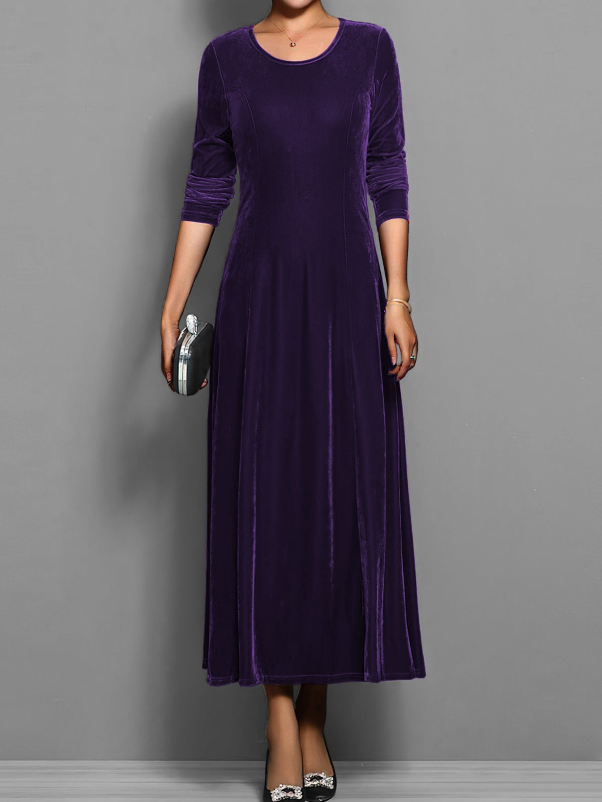 Long-Sleeve Scoop Neck Evening Midi Dress in Purple