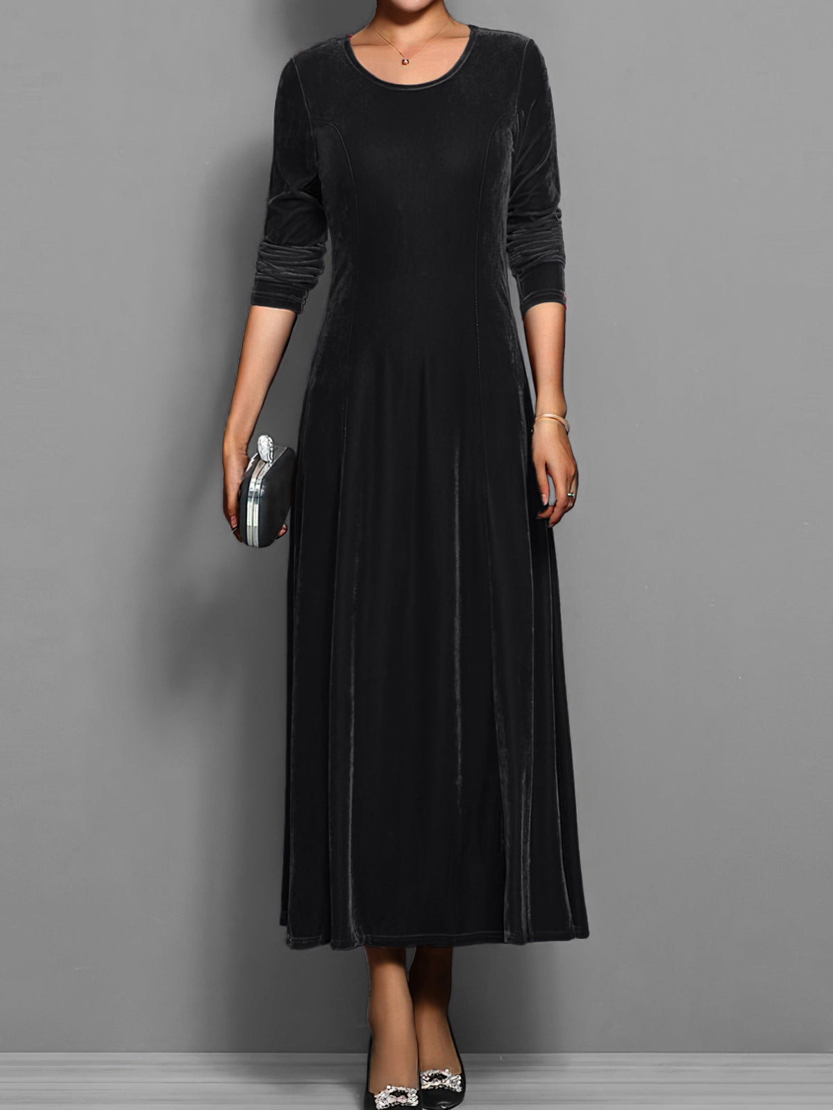 Long-Sleeve Scoop Neck Evening Midi Dress in Black