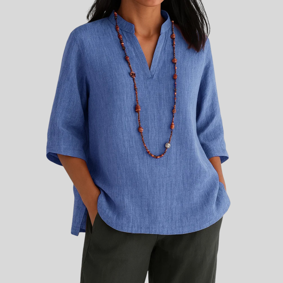 Relaxed Notch-Neck Side-Slit Casual Blouse in Blue