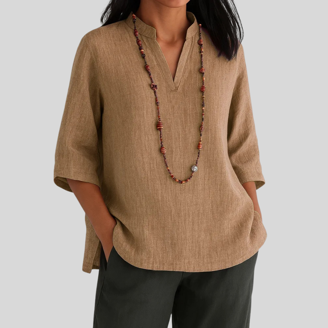 Relaxed Notch-Neck Side-Slit Casual Blouse in Camel