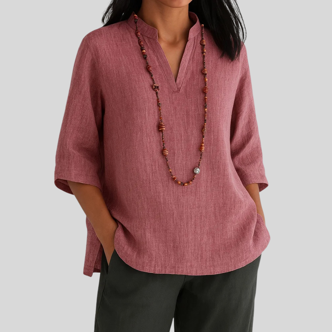 Relaxed Notch-Neck Side-Slit Casual Blouse in Dusty Rose