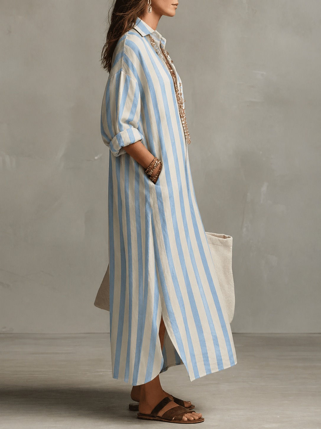 Striped Oversized Shirt Holiday Maxi Dress in Light Blue