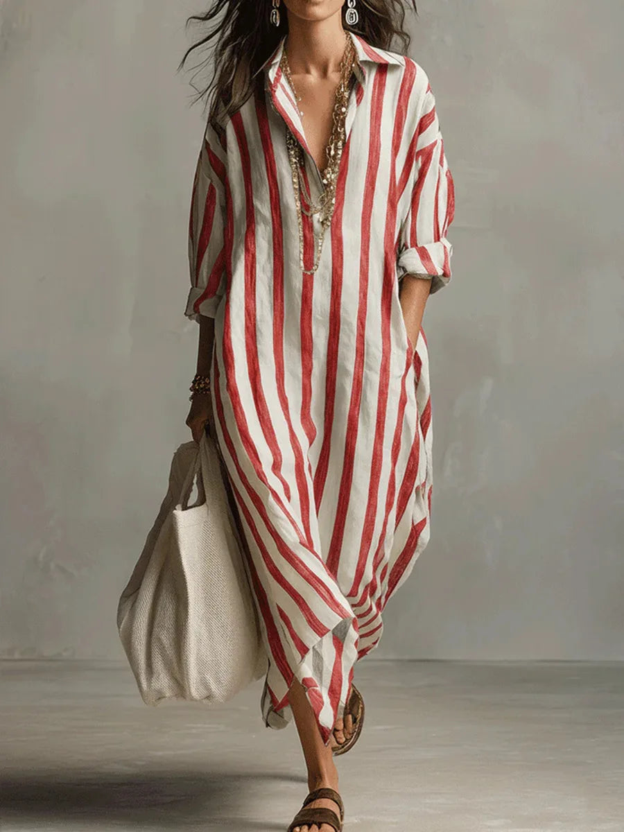 Striped Oversized Shirt Holiday Maxi Dress in Red