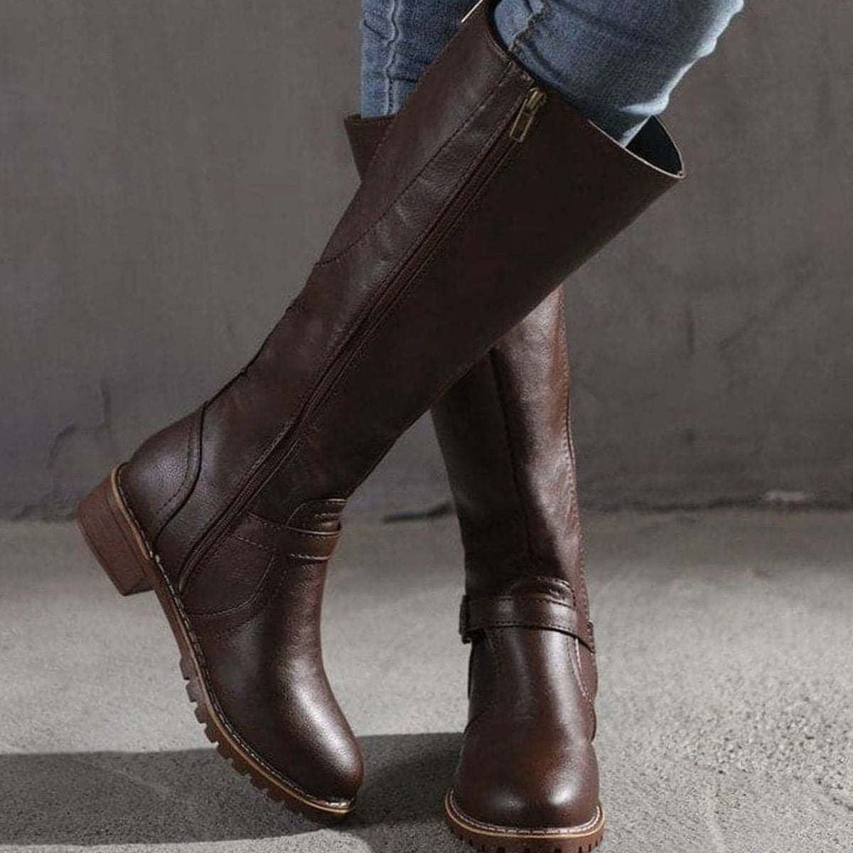 Women's Buckle Casual Knee-High Boots in Brown