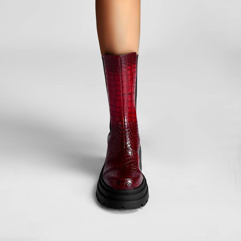 Women's Chunky Platform Chelsea Casual Boots in Burgundy