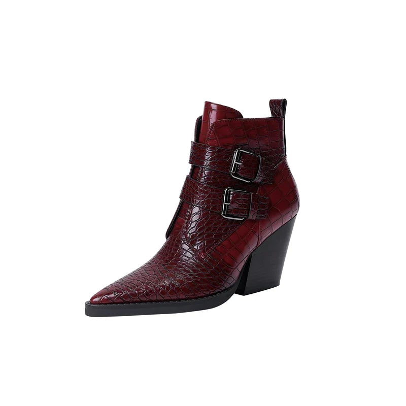 Women's Double-Buckle Ankle Boots in Burgundy