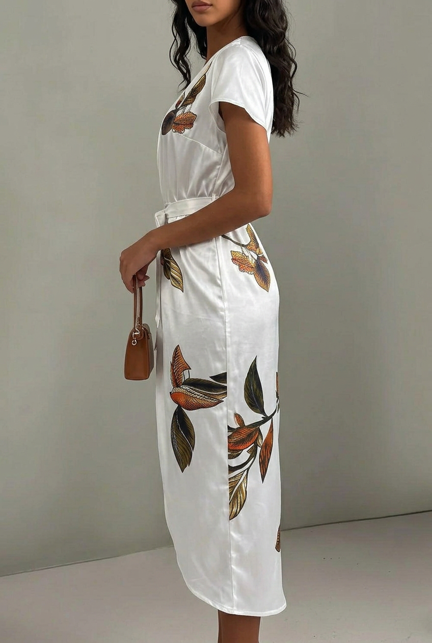 Tie-Waist Wrap Cocktail Midi Dress in White