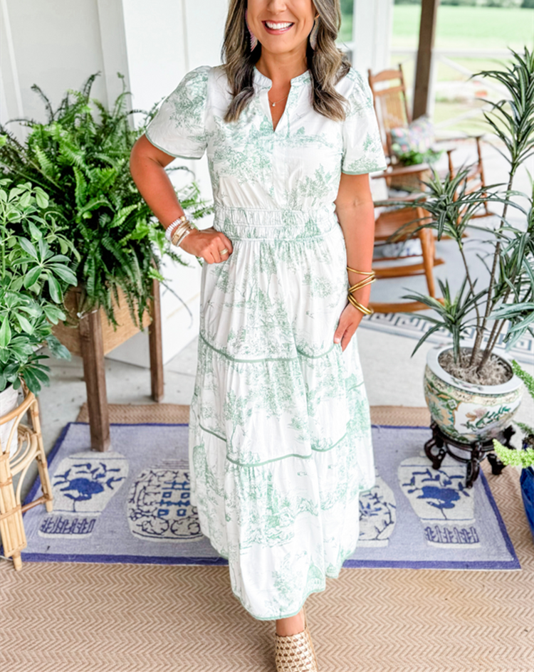 Tiered Puff-Sleeve Holiday Maxi Dress in Sage