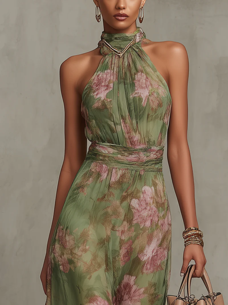 Ruched Halter-Neck Evening Maxi Dress in Sage