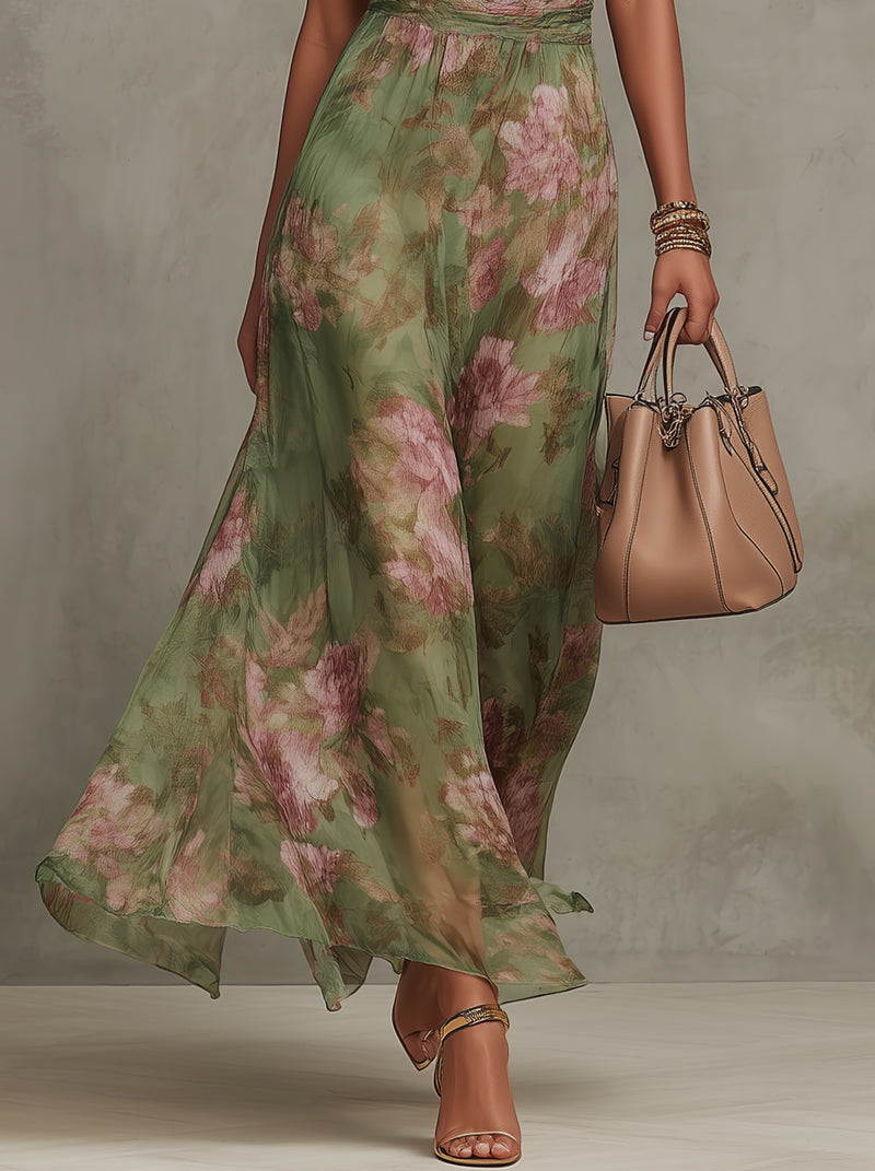 Ruched Halter-Neck Evening Maxi Dress in Sage