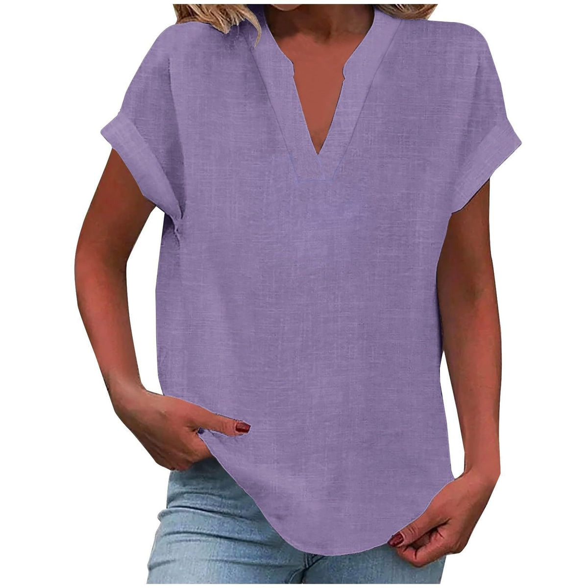 Rolled Short-Sleeve Casual Blouse in Lilac