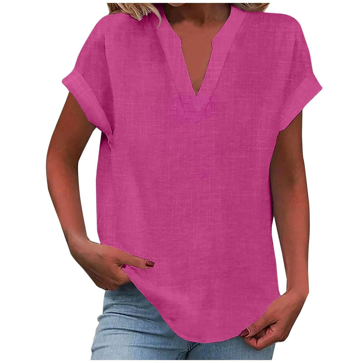Rolled Short-Sleeve Casual Blouse in Fuchsia