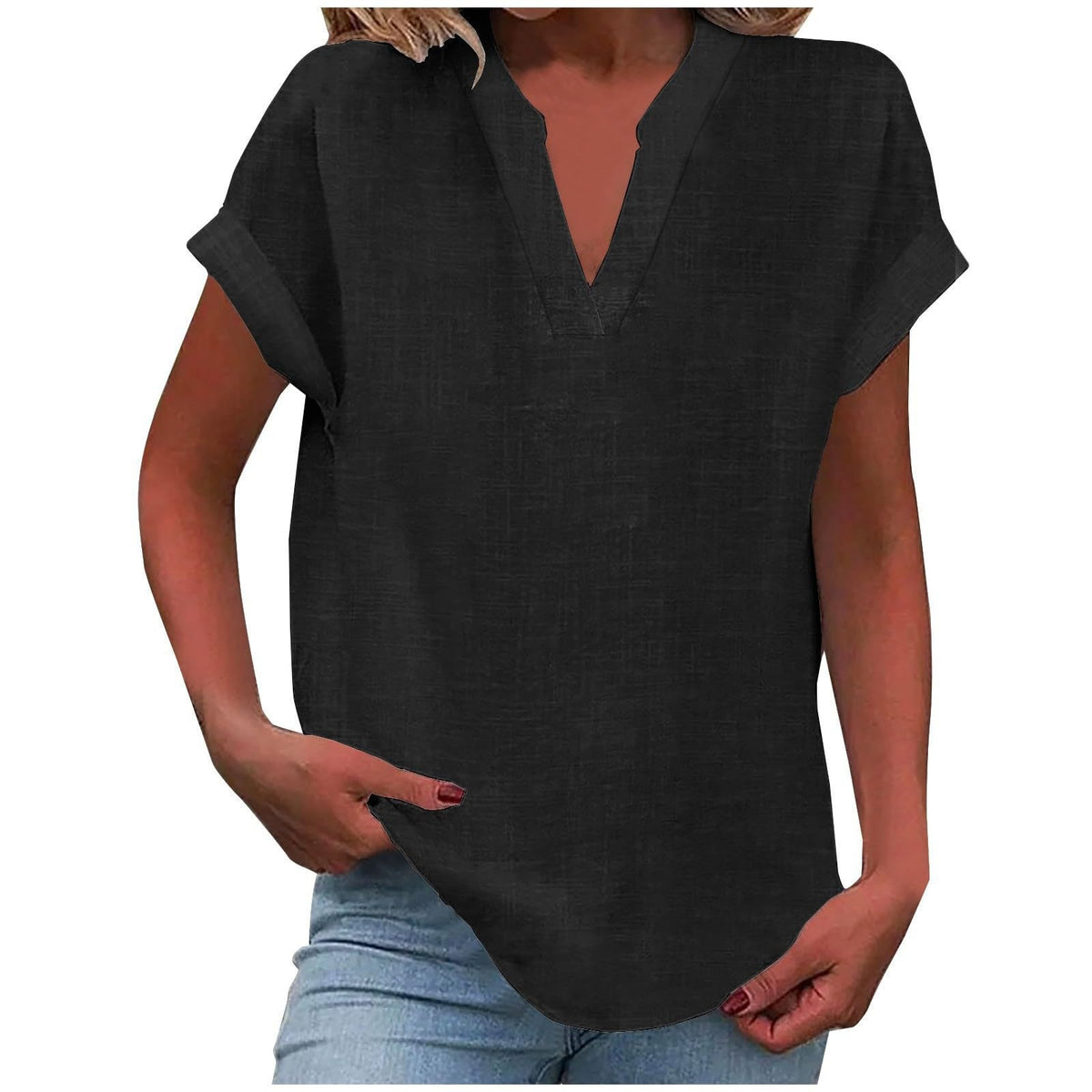 Rolled Short-Sleeve Casual Blouse in Black