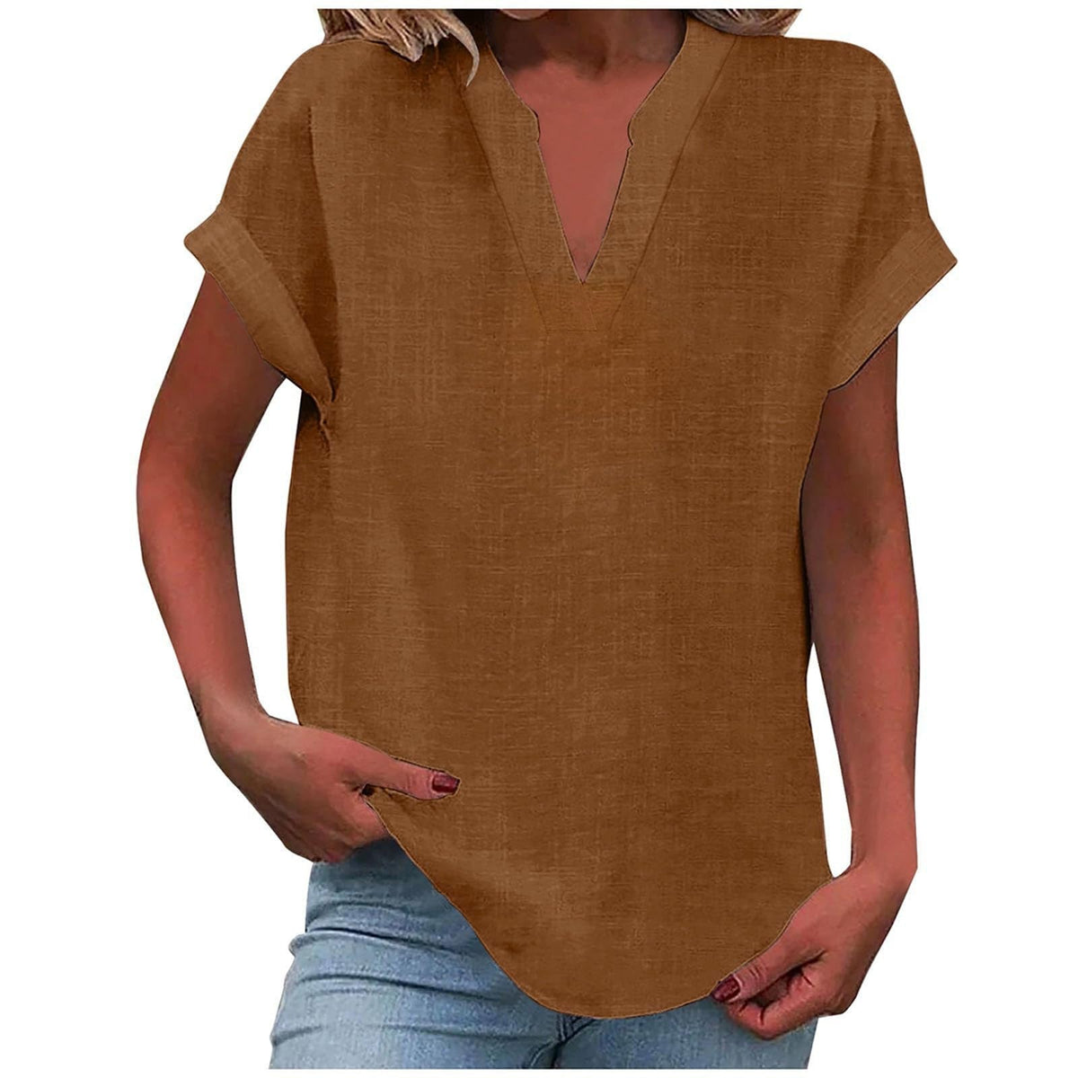 Rolled Short-Sleeve Casual Blouse in Brown