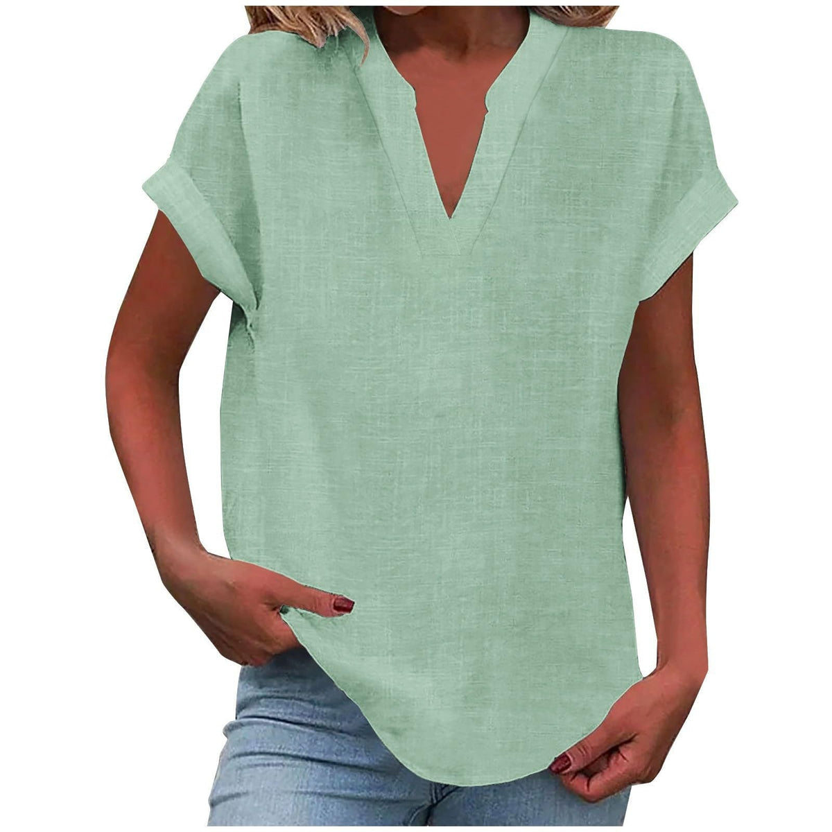 Rolled Short-Sleeve Casual Blouse in Sage
