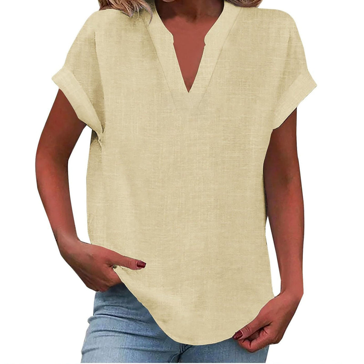 Rolled Short-Sleeve Casual Blouse in Khaki