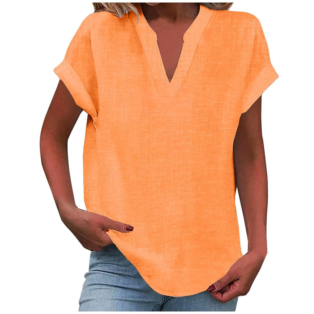 Rolled Short-Sleeve Casual Blouse in Orange